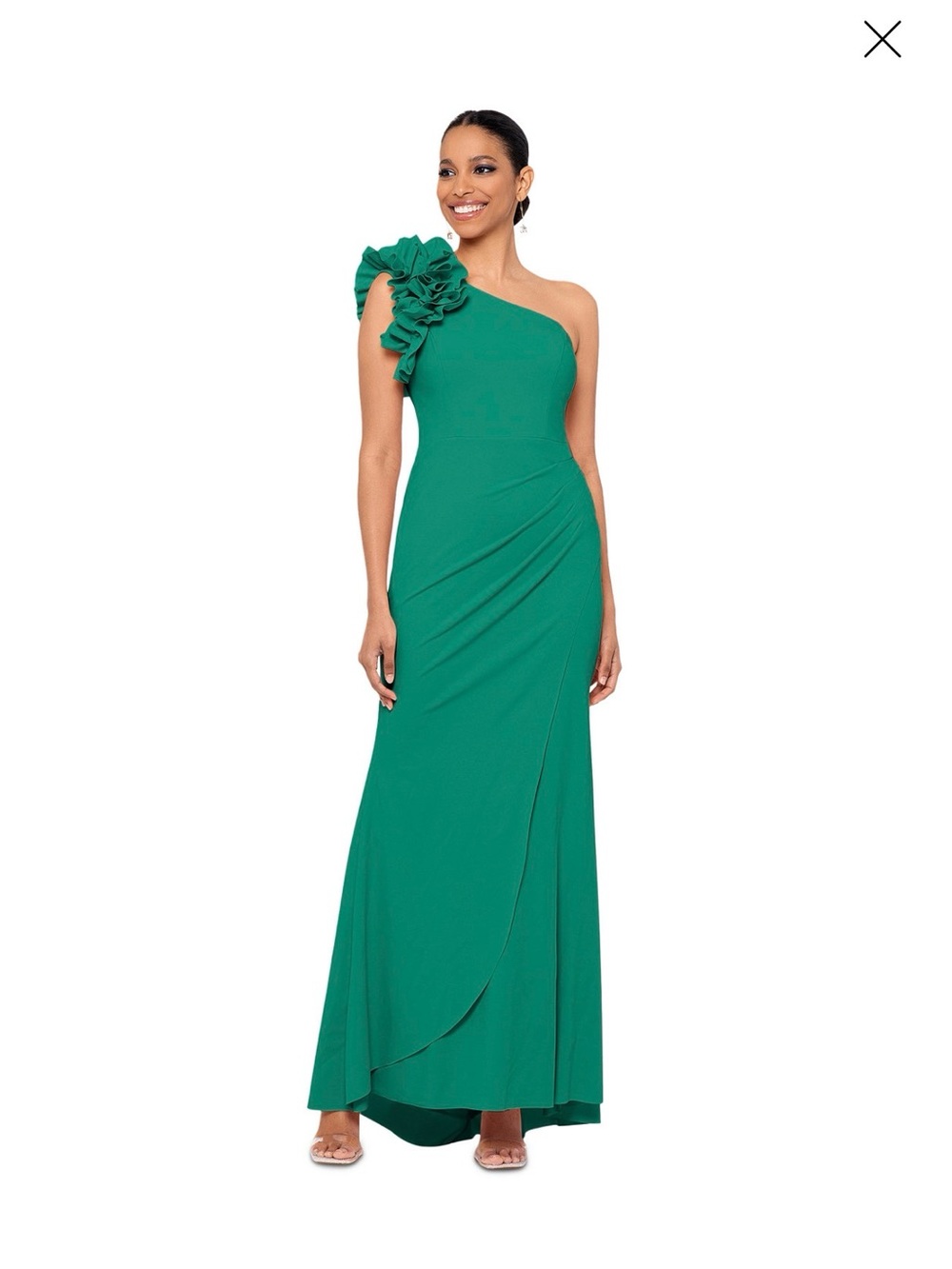 NWT XSCAPE Emerald Green One-Shoulder Ruffle Gown
